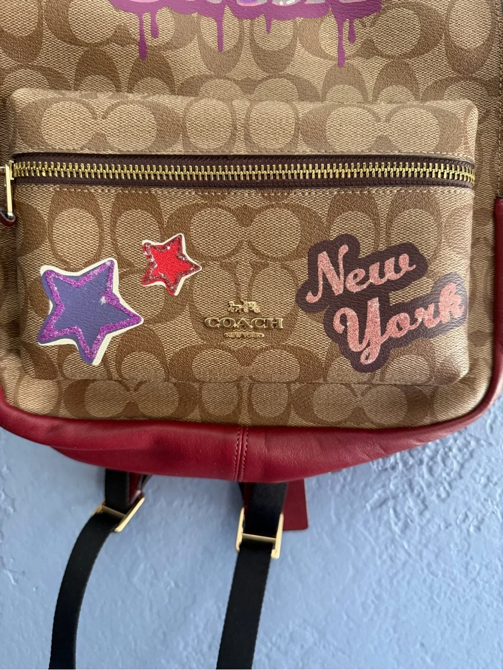 NWOT! COACH Signature Canvas & Red Leather Graffiti & Patches West Backpack!